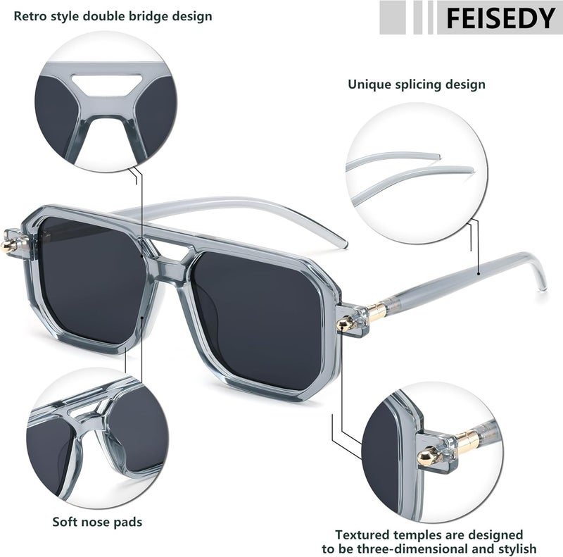 FEISEDY نظارات شمسية طيار مسطحة مربعة من السبعينات للنساء والرجال بإطار كلاسيكي عتيق أنيق UV400 B2622 - Image 4